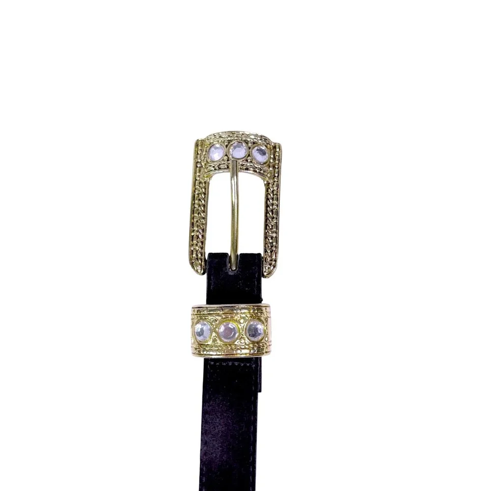 Western Belt Womens L 32 Black Rhinestone Gold Tone Suede Leather Cowgirl Vtg